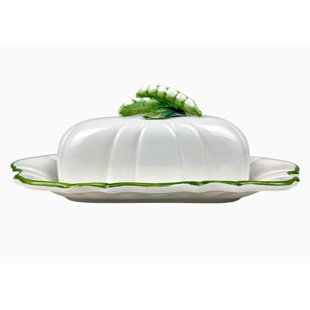 Vintage The Mane Lion Italian Ceramic Covered Butter Dish Majolica Pea Pod NWOB
